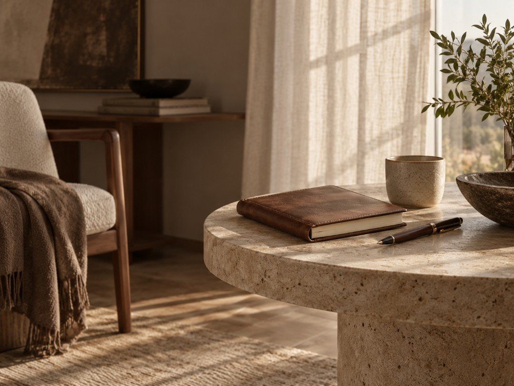 Mesa de pedra com caderno, caneta e xícara, em luz de janela, usada como imagem de palestras e workshops.